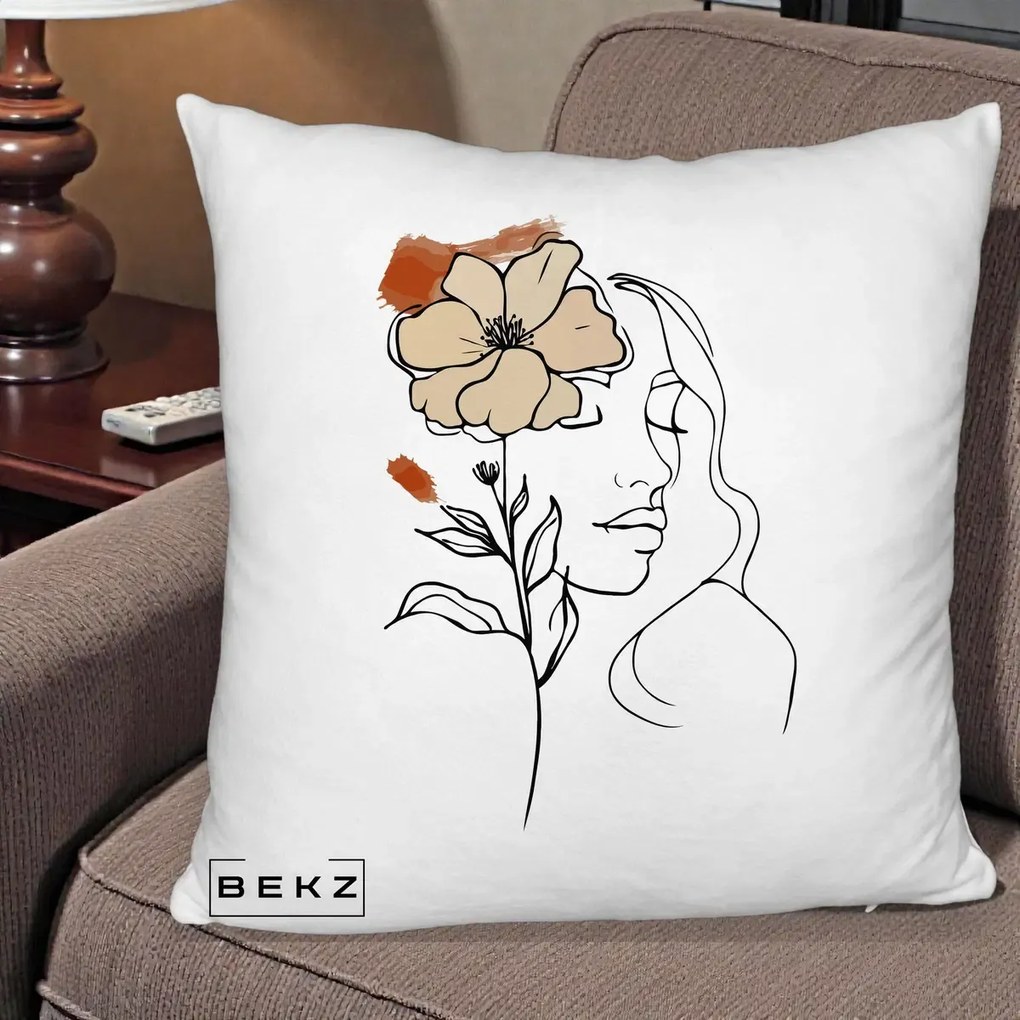Perna Decorativa Portret Feminin Floare Bej Terracotta, 40x40 cm, Alb Pufos, Husa Detasabila, Perna Inclusa, BEKZ®