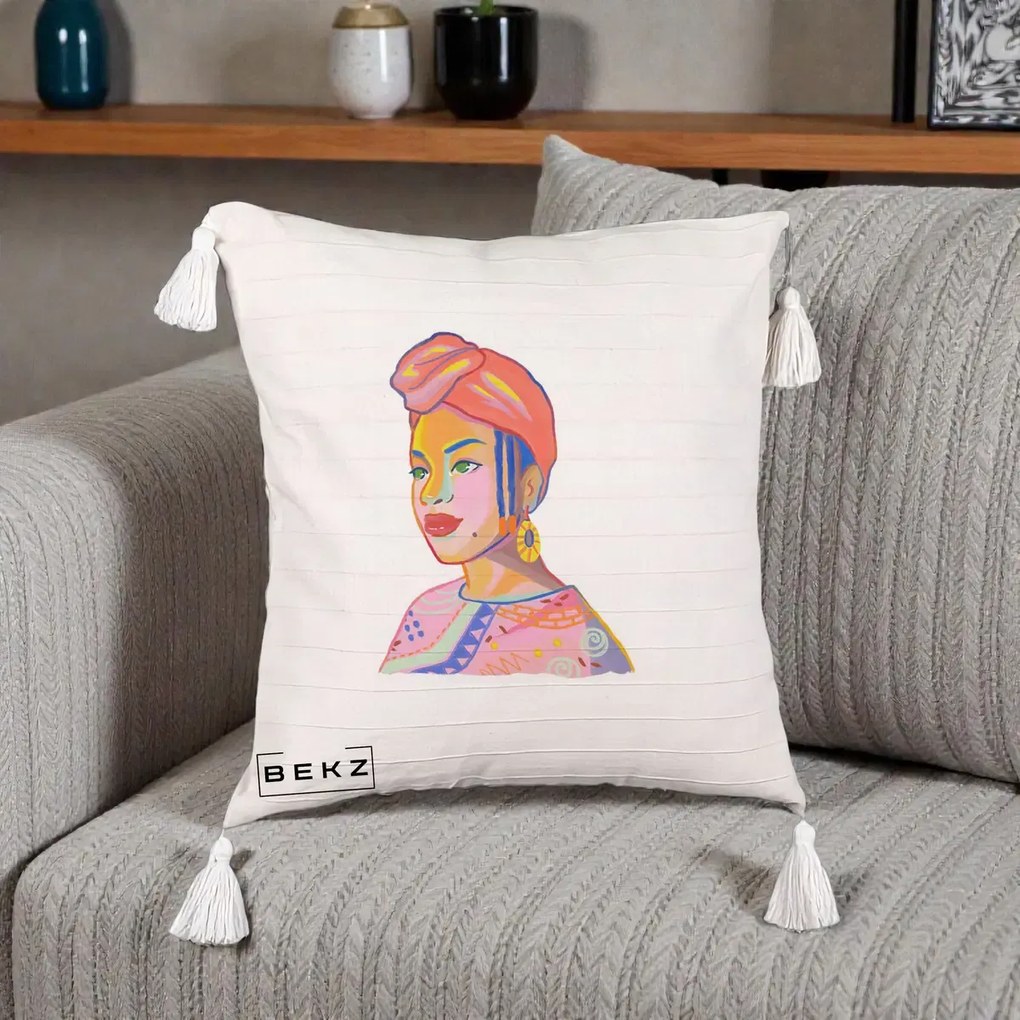 Perna Decorativa Portret Femeie Africana, 40x40 cm, Bej cu Franjuri, Husa Detasabila, Perna Inclusa, BEKZ®