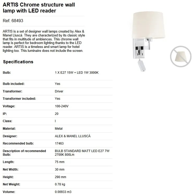 Aplica cu reader LED stil clasic design elegant ARTIS crom/alb