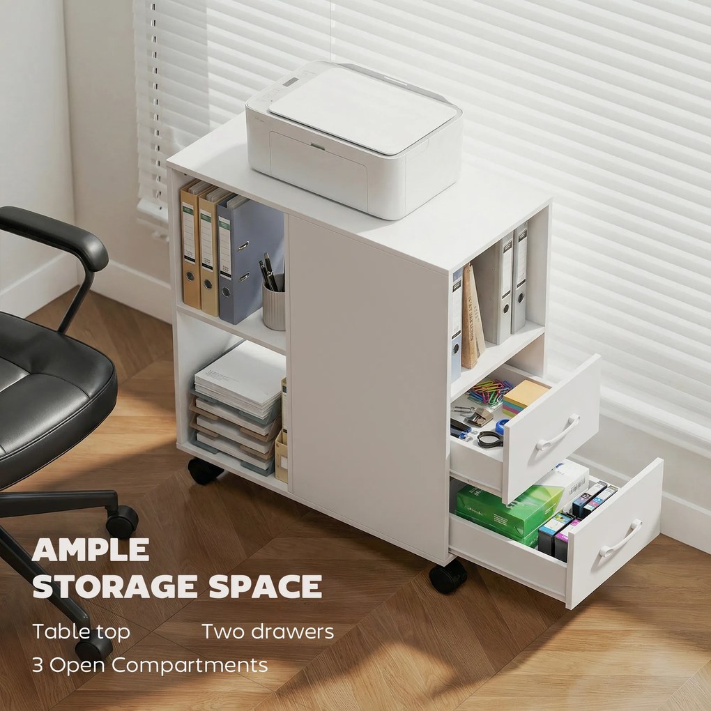 HOMCOM Măsuță de Living cu Roți, 2 Sertare, Raft Deschis și Poliță Reglabilă, Măsuță pentru Dormitor sau Living, 60x30x65 cm, Alb | Aosom Romania