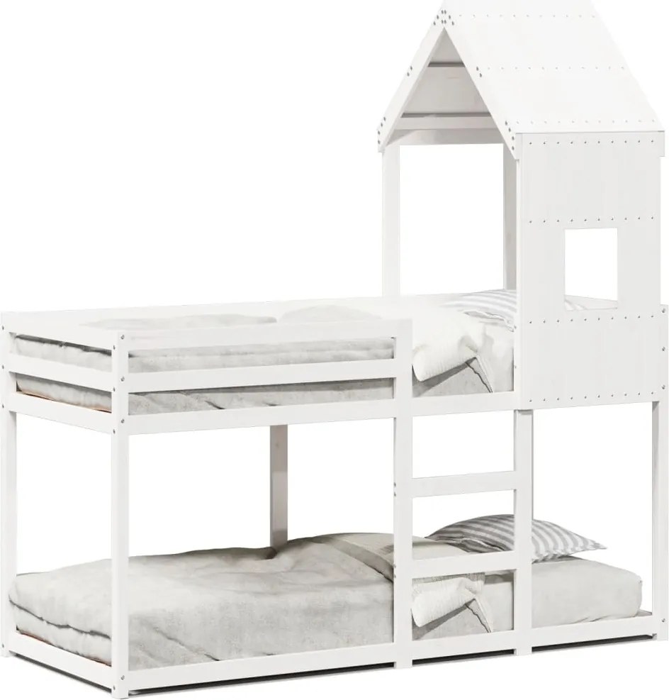 vidaXL Pat supraetajat cu acoperiș, alb, 80x200 cm, lemn masiv de pin