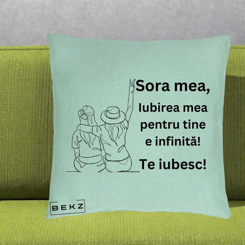 Cadou pentru Sora - Perna Personalizata Sora Mea Te Iubesc Line Art Portrete Colorate, 40x40 cm, Verde Menta, Husa Detasabila, Perna Inclusa, BEKZ®