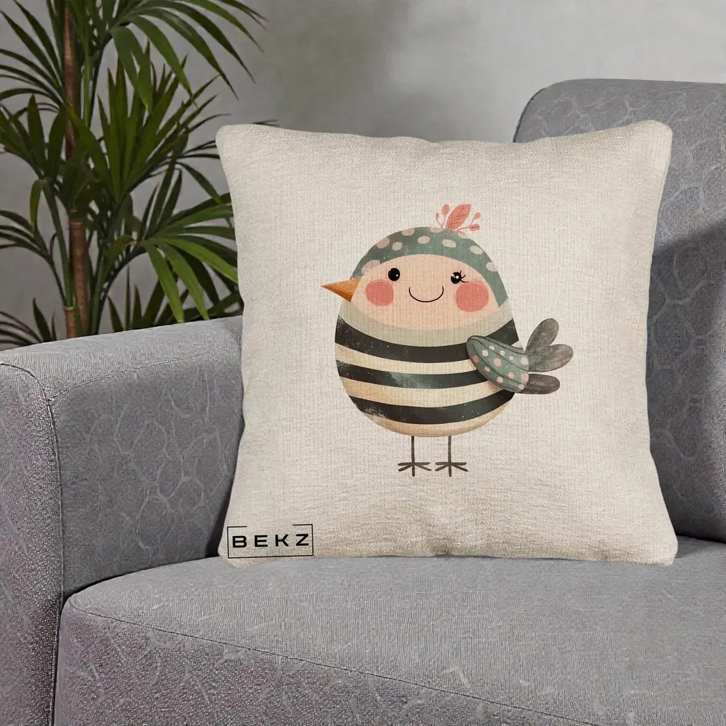 Perna Decorativa Pui Kawaii Teal cu Flori, 40x40 cm, Bej Canapea, Husa Detasabila, Perna Inclusa, BEKZ®