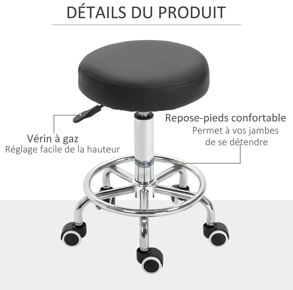 Vinsetto Taburet cu roți, taburet de masaj cu înălțime reglabilă 50-64 cm și șezut căptușit, pivotant 360°, negru | Aosom Romania