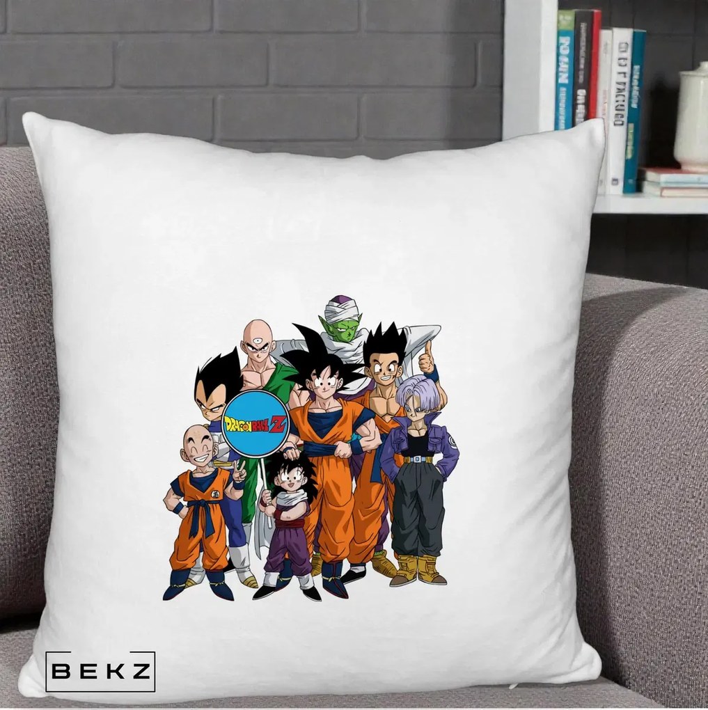 Perna Personalizata Dragon Ball Z Grup Complet, 40x40 cm, Alb Pufos, Husa Detasabila, Perna Inclusa, BEKZ®