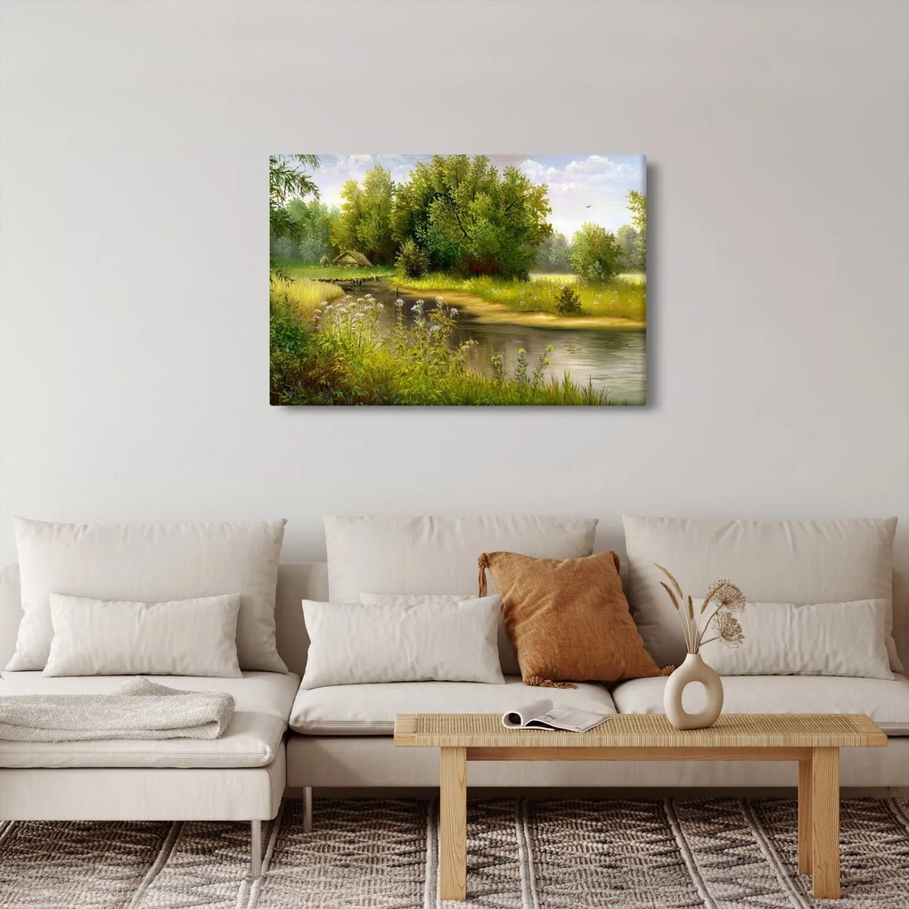 Tablou - Râu lângă pădure, pictură în ulei (90x60 cm)