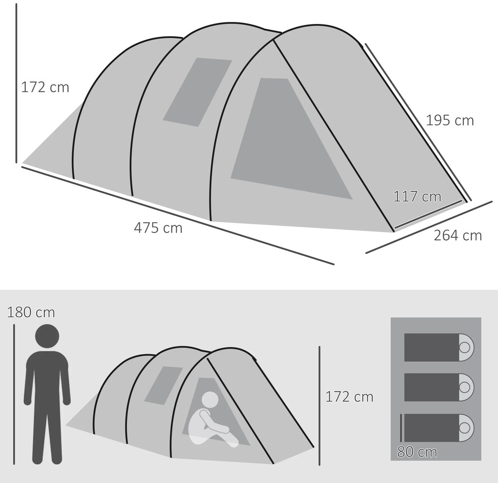 Outsunny Cort de camping pentru 3-4 persoane, două camere interioare, fereastră de plasă, verde, 4,75 x 2,64 x 1,72 m | Aosom Romania