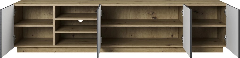 Comodă TV Asha 200 cm cu partea frontală riflat și nișă – stejar artisan / rivier stone mat