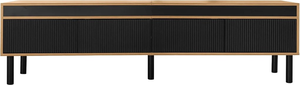 Comodă TV cu trei uși, picioare solide din lemn, 170x38x47 cm, Culoare naturală+Negru