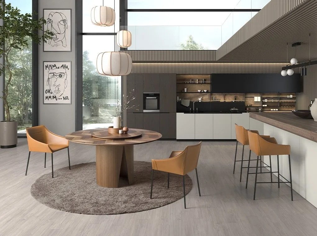 Masa rotunda cu blat central pivotant design LUX Walnut 150cm