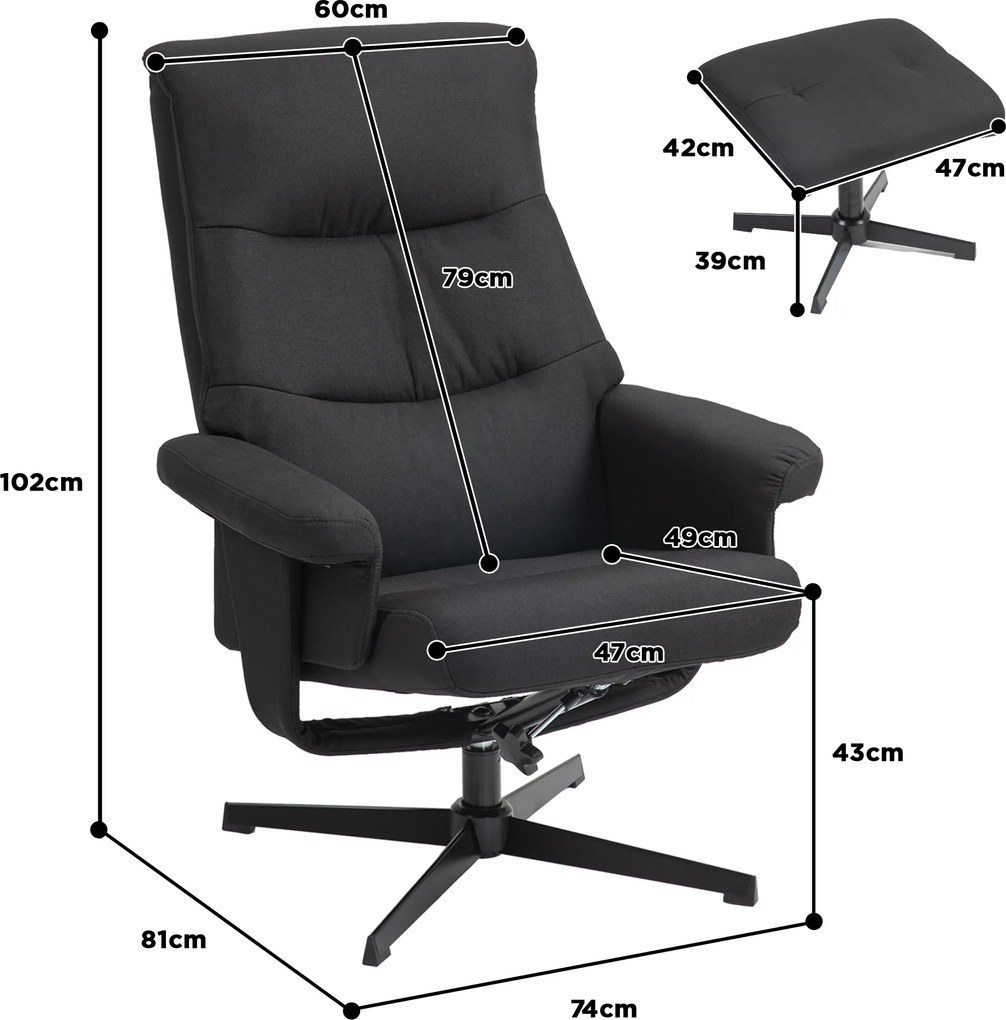 HOMCOM Fotoliu rabatabil cu taburet, rotativ, funcție de legănare, aspect catifelat, până la 150 kg, Negru | Aosom Romania