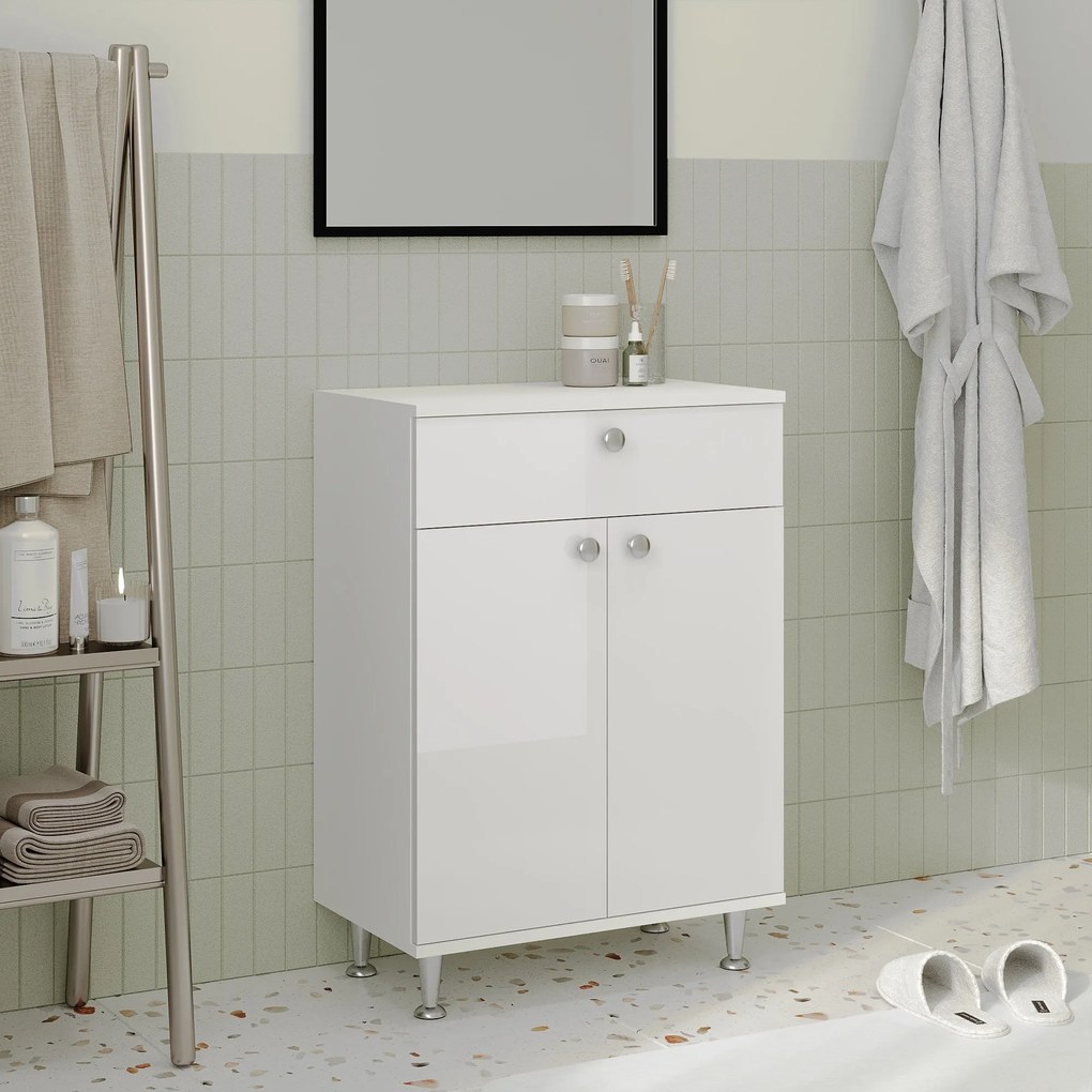 Corp Baie Zaria, 1 Sertar, 2 Usi, Alb lucios/Alb, MDF, L 60 x l 35 x H 85 cm