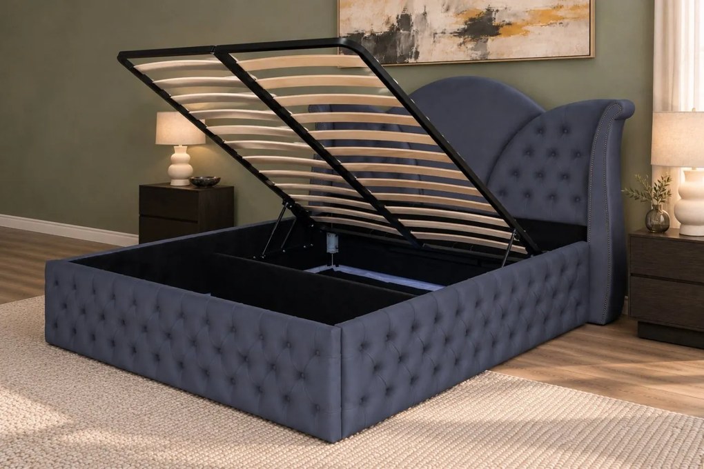 Pat tapițat Chesterfield din catifea Velora Deluxe Classic 160×200 cm, gri închis, cu ladă de depozitare