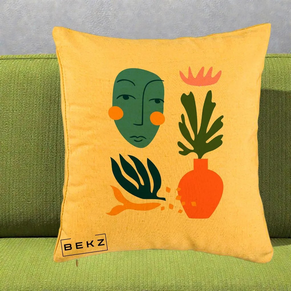 Perna Decorativa Masca Botanica Abstracta, 40x40 cm, Galben, Husa Detasabila, Perna Inclusa, BEKZ®