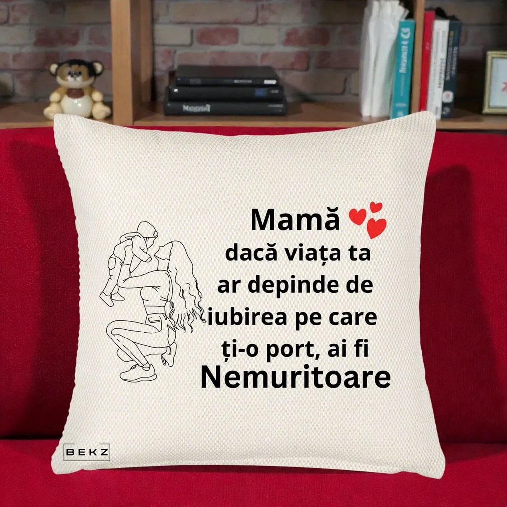 Cadou pentru Mama - Perna Personalizata Mama Nemuritoare Portret Graphic, 40x40 cm, Crem Reliefat, Husa Detasabila, Perna Inclusa, BEKZ®
