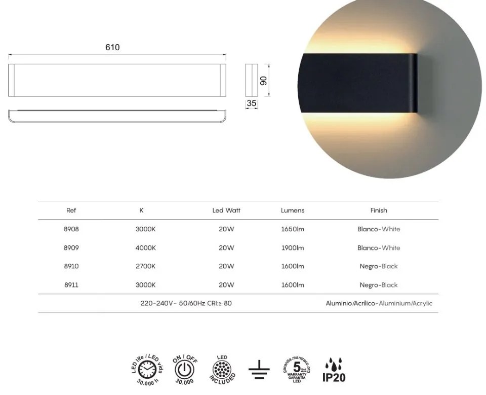 Aplica LED ambientala 20W 3000K BLANCO EGEO MA-8908