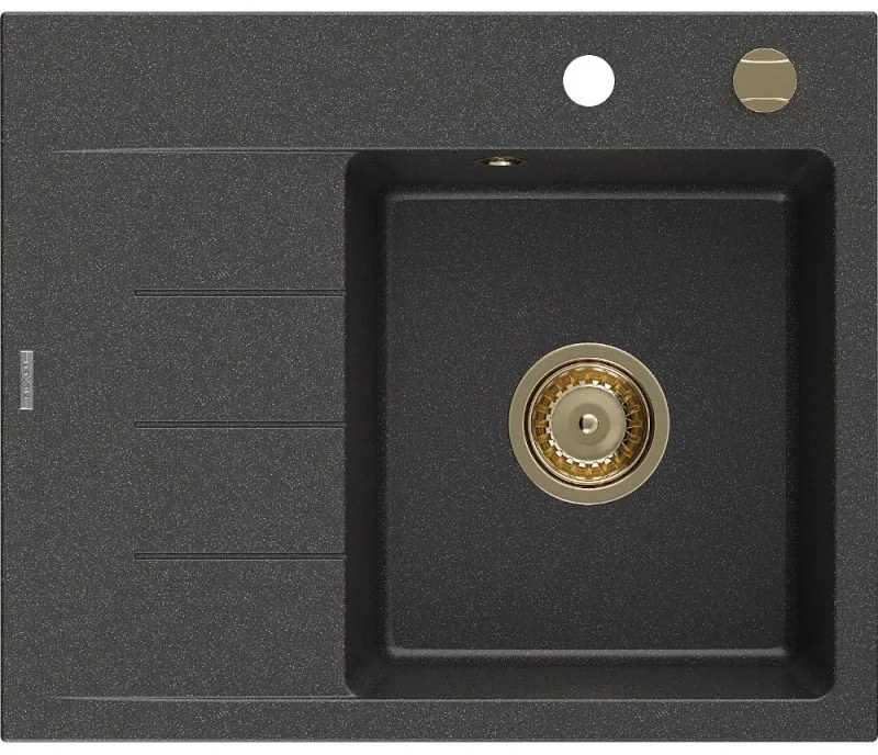 Mexen Ben chiuvetă de granit cu 1 compartiment și scurgător, dreapta 600 x 500 mm, negru pătat, sifon auriu