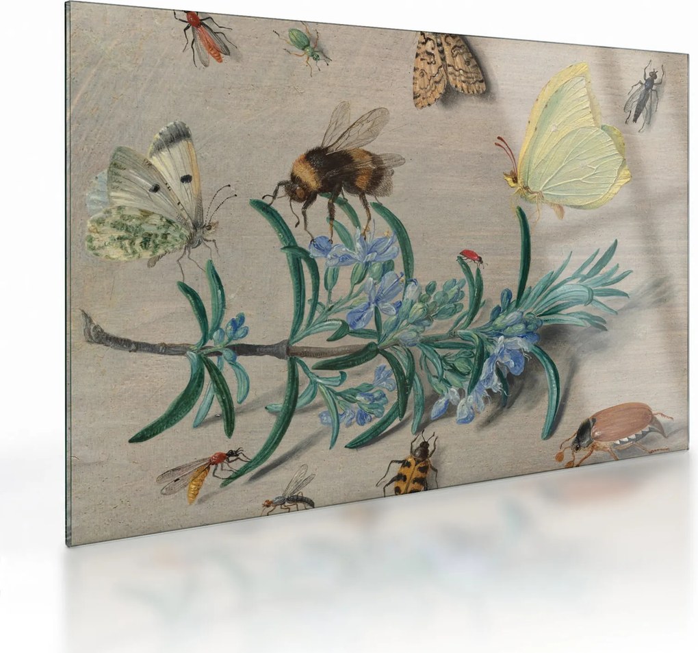 Tablou pe sticlă - Jan van Kessel the Elder, Insects and a Sprig of Rosemary, reproducere (70x50 cm)