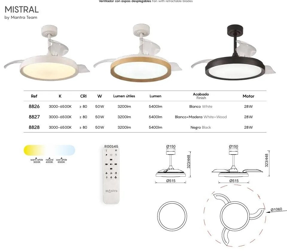 Lustra LED CCT cu ventilator si telecomanda MISTRAL alb MA-8826