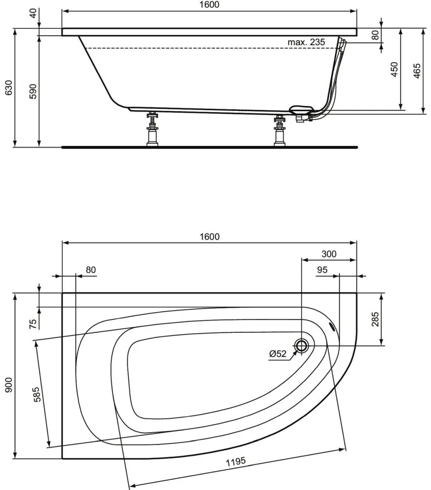 Cada baie pe colt Ideal Standard Hotline, asimetrica, 160x90 cm, orientare stanga Stanga