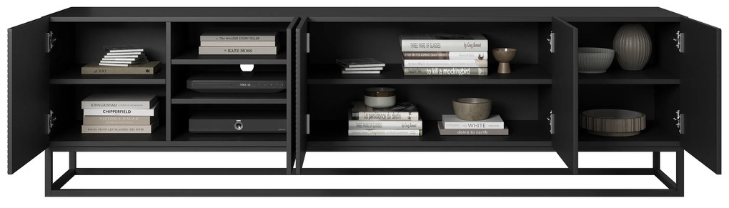 Comodă TV cu fronturi striate Asha 200 cm cu cadru metalic - negru mat