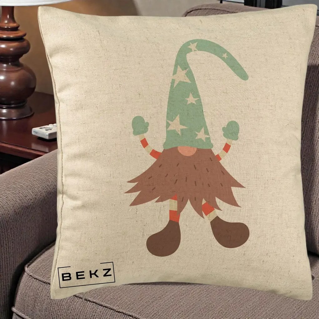 Perna Decorativa Pitic Gnom Nordic cu Cadou Menta, 40x40 cm, Bej, Husa Detasabila, Perna Inclusa, BEKZ®