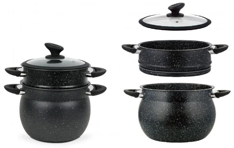 Oala pentru gatit la aburi Royalty Line RL-CP6LM, 20 cm, 6 litri, 3 piese, Finisaj marmura, Inductie, Negru