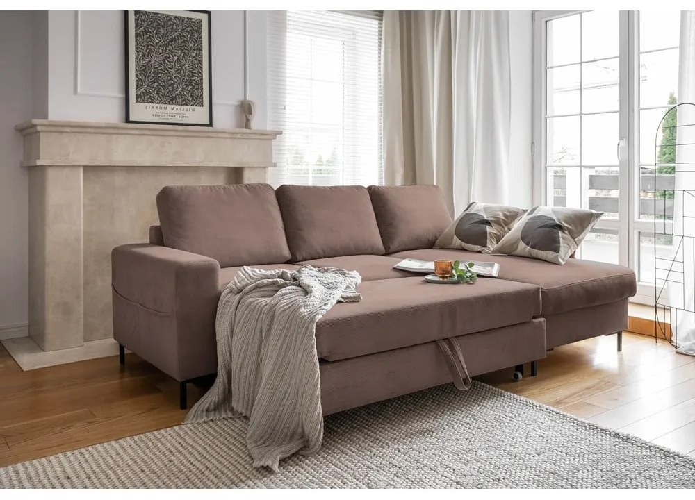 Colțar maro extensibil cu tapițerie din catifea reiată (cu colț pe partea dreaptă) Lofty Lilly – Miuform