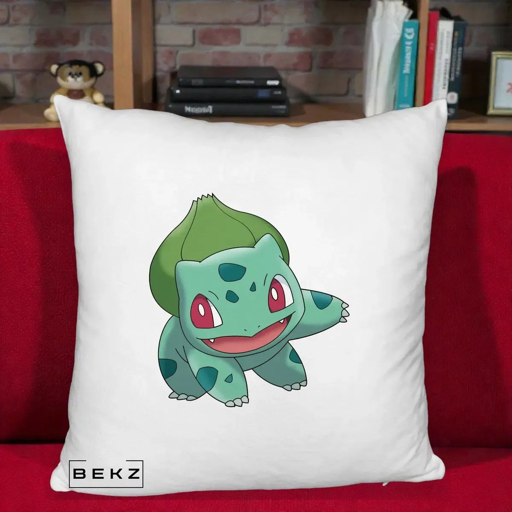 Perna Personalizata Bulbasaur Pokemon, 40x40 cm, Alb Pufos, Husa Detasabila, Perna Inclusa, BEKZ®