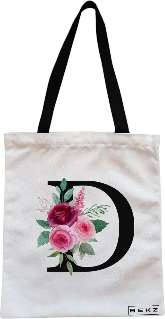 Sacosa de Panza pentru Cumparaturi, Geanta Tote, Cu litera D si Trandafiri, Cu fermoar, 38x34.5 cm, Alba, BEKZ®