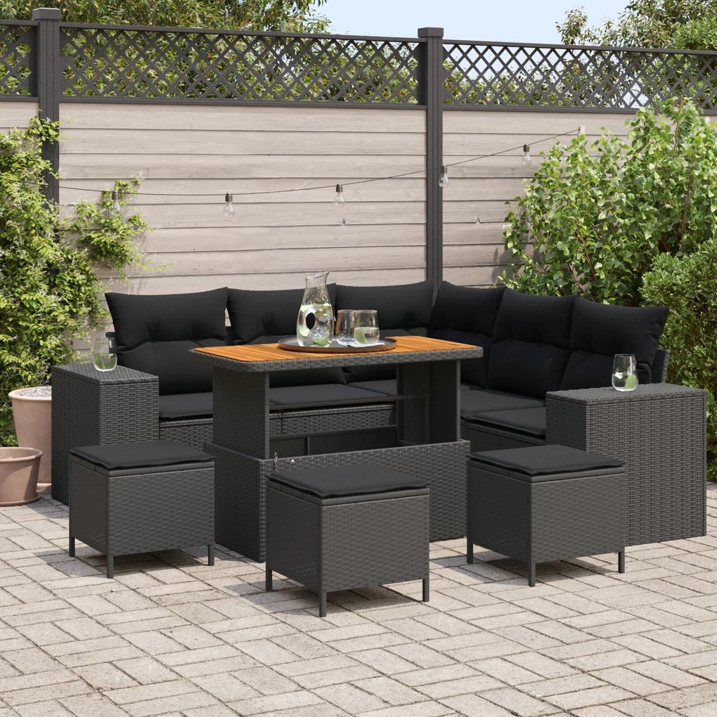 vidaXL Set de canapele de grădină 8 piese cu perne, din rattan poly negru, acacia