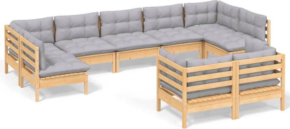 vidaXL Set mobilier de grădină cu perne gri, 9 piese, lemn masiv pin