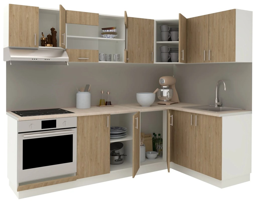 Set Bucatarie Colt Karo V34, Lemn Natural/Alb, Blat Thermo 28 mm, L 240 x 140 cm