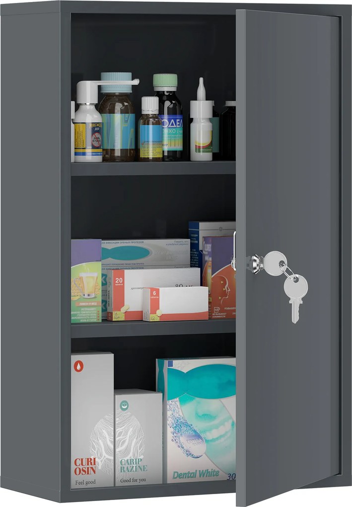 kleankin Dulap medical de perete, dulap pentru baie cu 3 rafturi, 2 chei, 40 x 18 x 60 cm, Gri | Aosom Romania