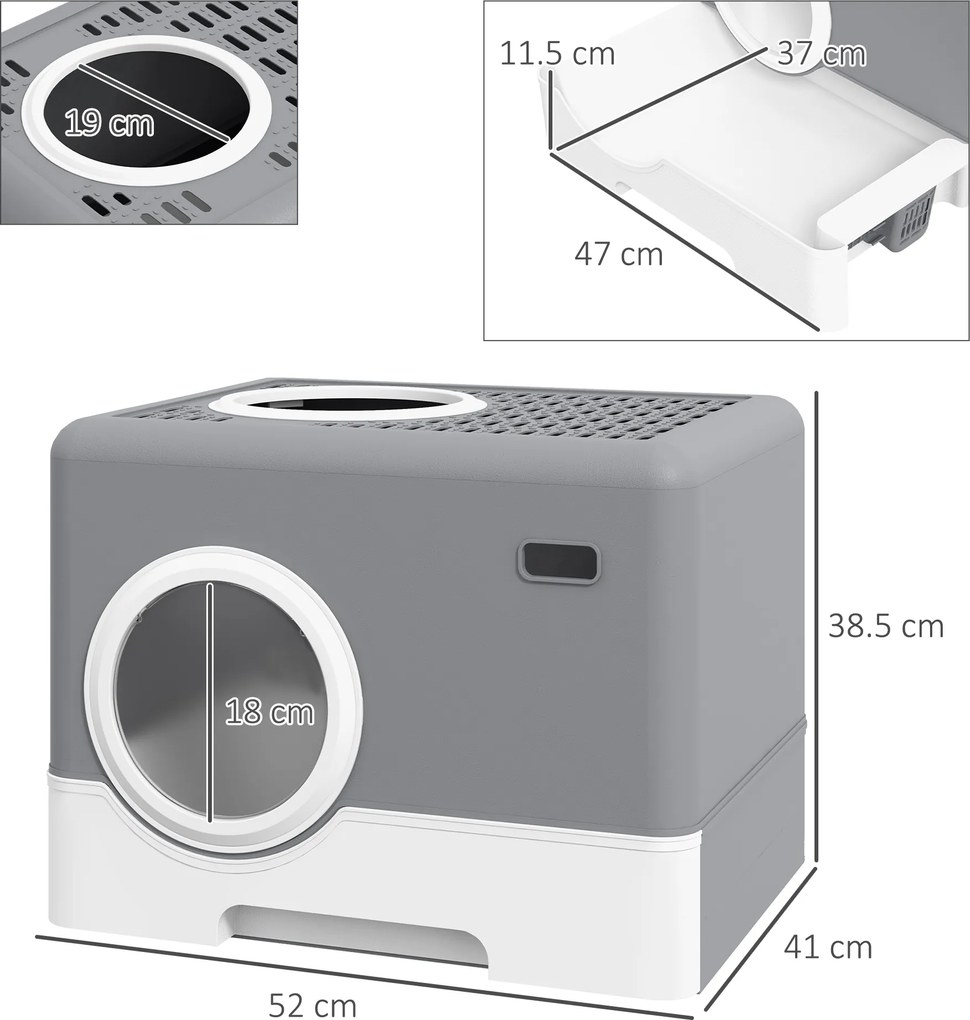 PawHut Litieră pentru Pisici cu Capac, Lopețică și Tăviță Detașabilă Gri | Aosom Romania