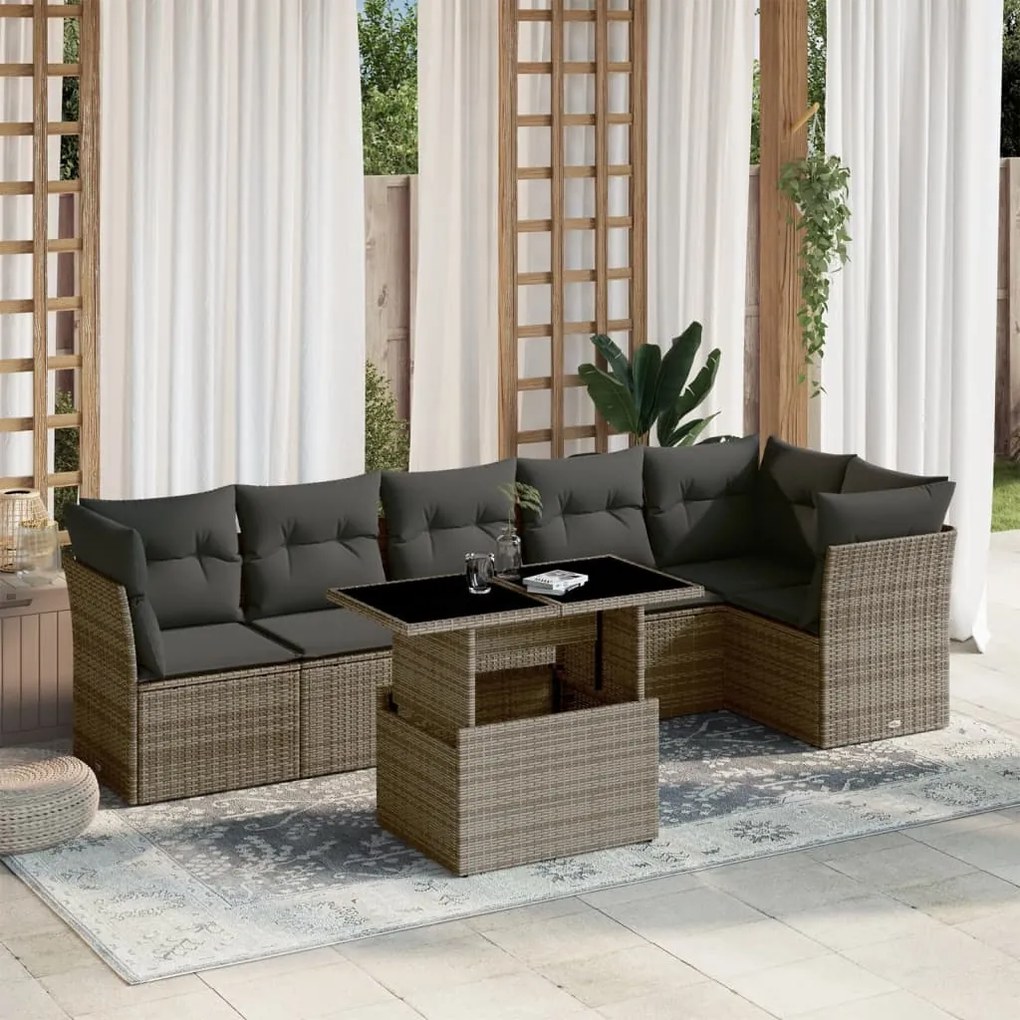 vidaXL Set canapele de grădină, 7 piese, cu perne, gri, poliratan
