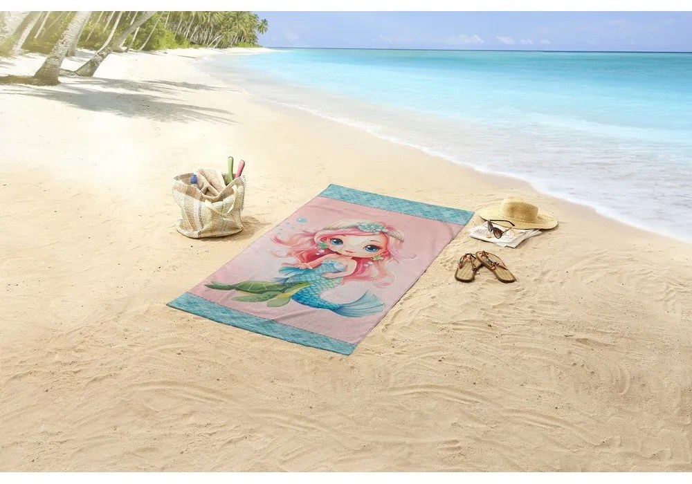 Prosop de plajă albastru/roz din catifea pentru copii 75x150 cm Alisse – Good Morning