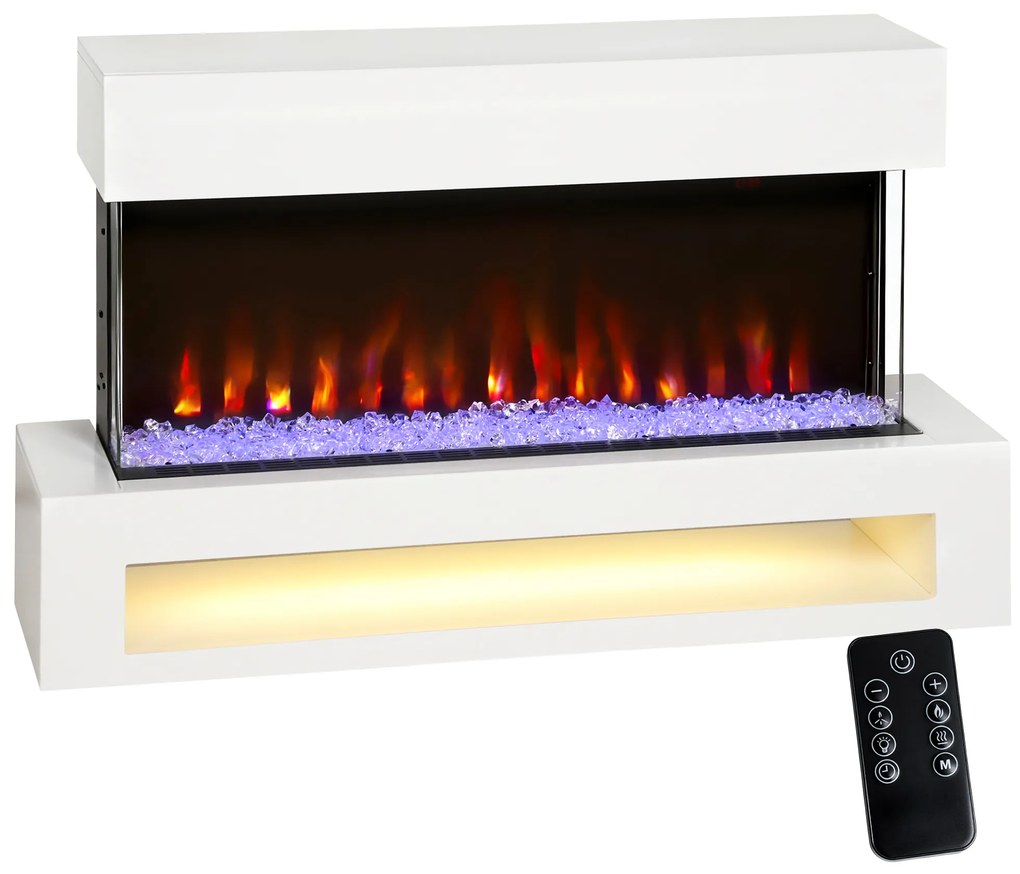 HOMCOM Șemineu electric cu 11 culori ale flăcării, 10 culori ale patului de cristale, 1000W/2000W, telecomandă, versatil, Alb | Aosom Romania