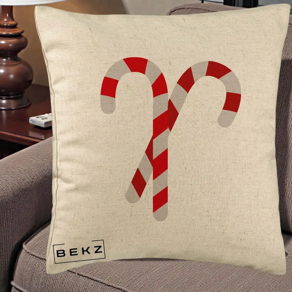 Perna Decorativa Candy Cane de Craciun, 40x40 cm, Bej, Husa Detasabila, Perna Inclusa, BEKZ®