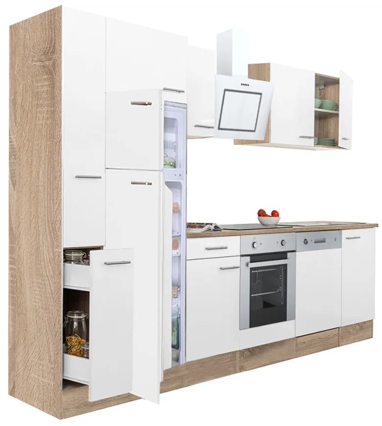 Mobilă de bucătărie Yorki 310, corp din stejar sonoma, față alb satinat, element cuptor inferior, frigider congelator superior