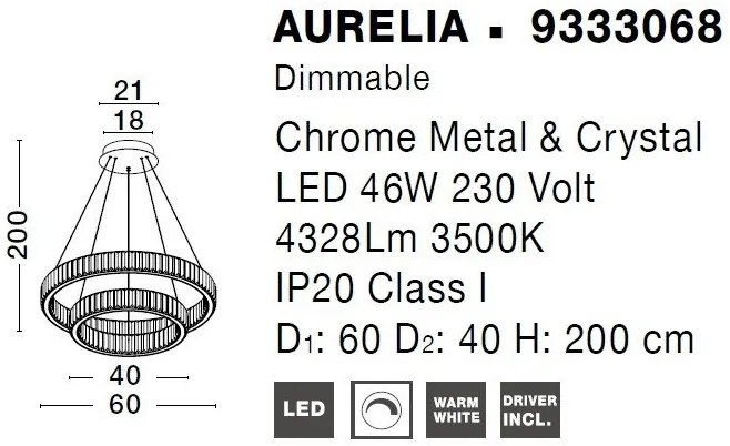 Lustra LED suspendata cu 2 inele , dimabila, cristal design elegant AURELIA crom 60cm