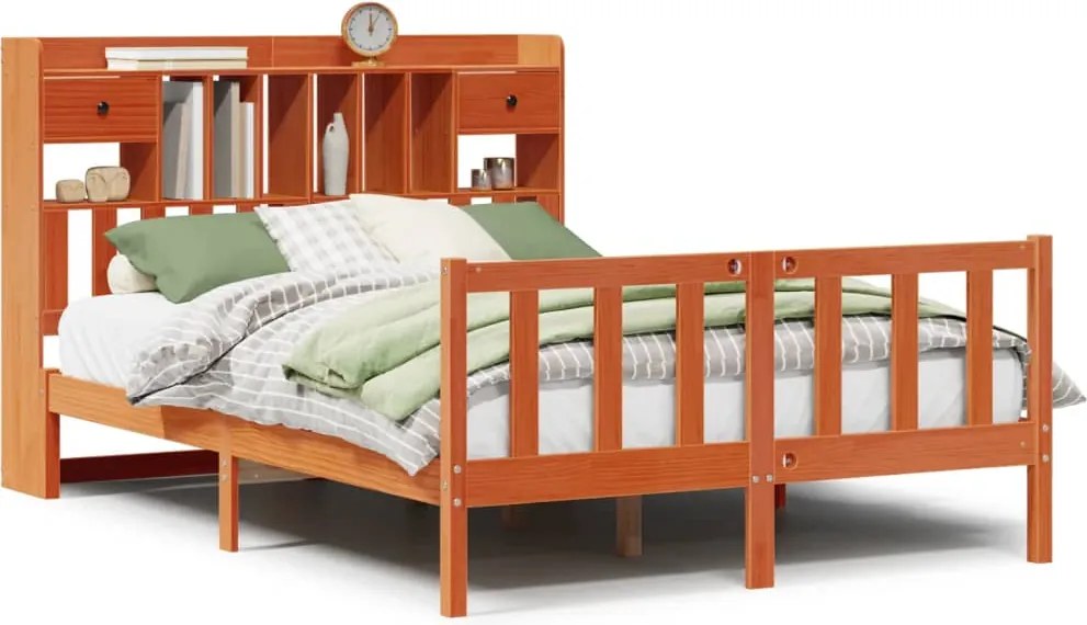 vidaXL Pat cu bibliotecă fără saltea maro 140x200 cm lemn masiv de pin