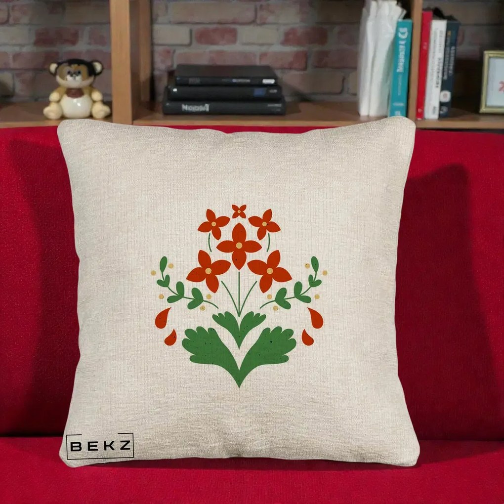 Perna Decorativa Buchet Floral Folk Rosu-Verde, 40x40 cm, Bej Canapea, Husa Detasabila, Perna Inclusa, BEKZ®