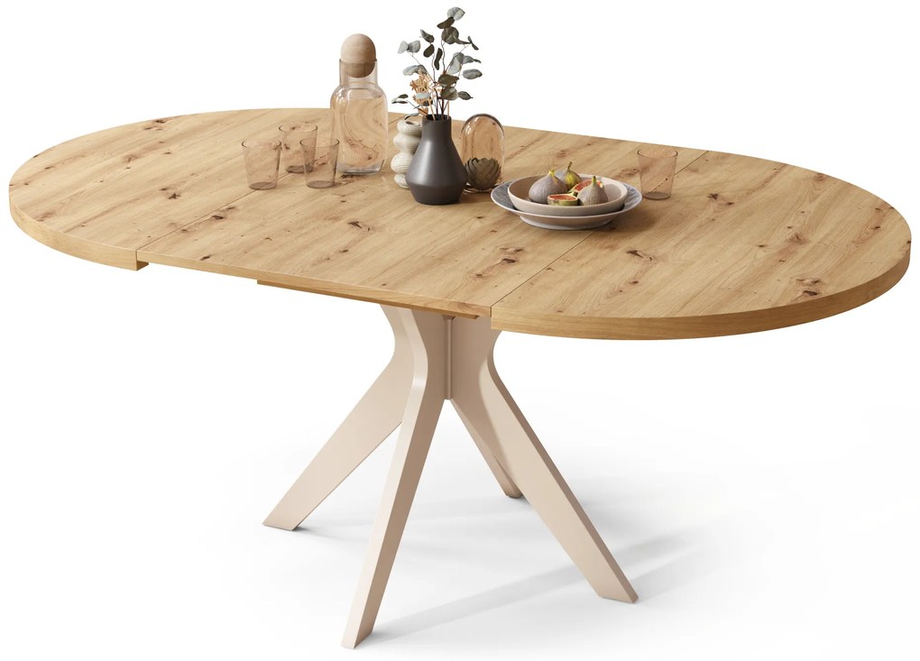 Mazzoni RENZO Stejar Artisan/picior bej (șampanie) - MASĂ ROTUNDĂ Ø110 EXTENSIBILĂ PÂNĂ LA 180 cm | PENTRU BUCĂTĂRIE SUFRAGERIE LIVING