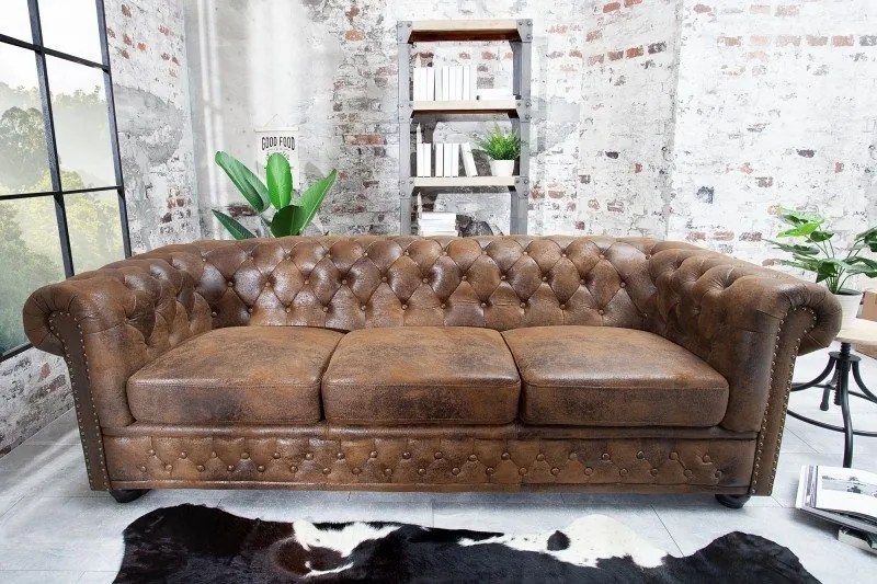 Canapea clasica stil englezesc Chesterfield 3 locuri maro antic