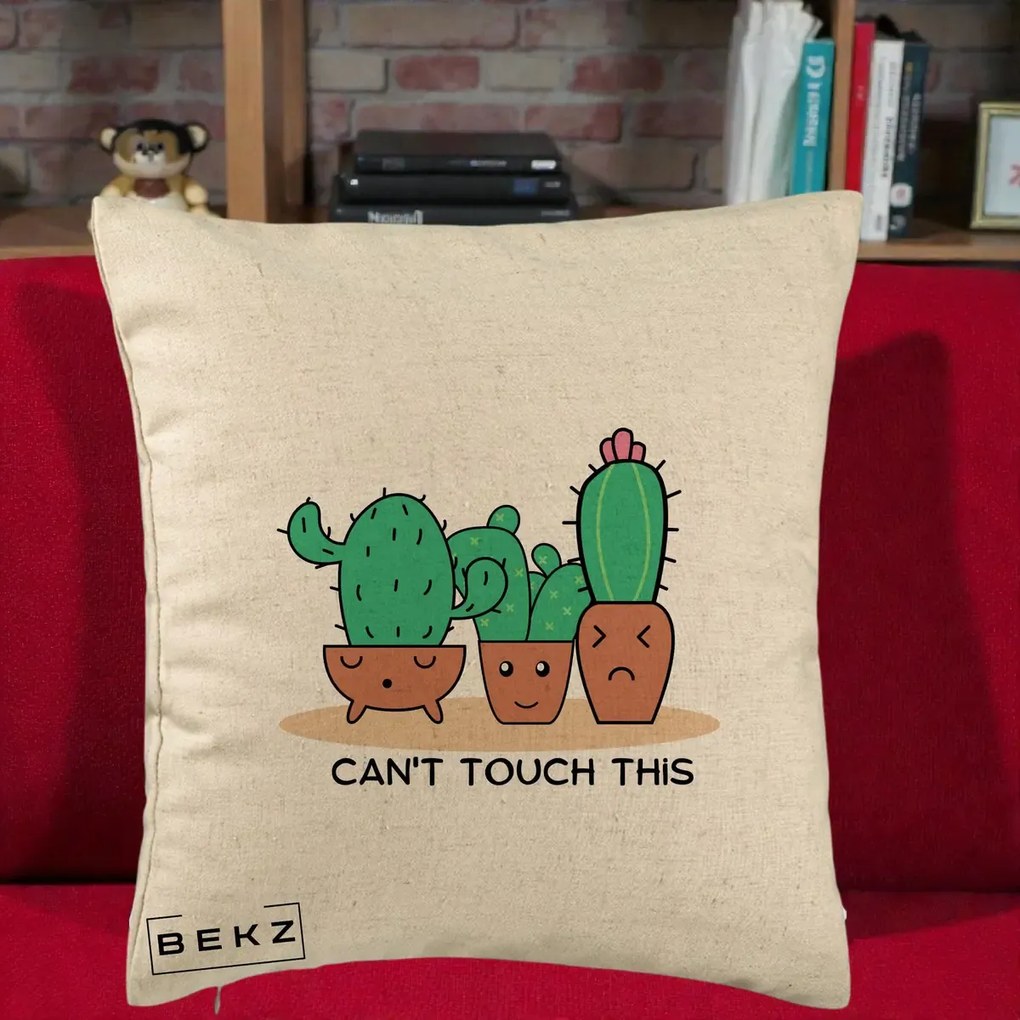 Perna Decorativa Cactus Funny Can't Touch This, 40x40 cm, Bej, Husa Detasabila, Perna Inclusa, BEKZ®