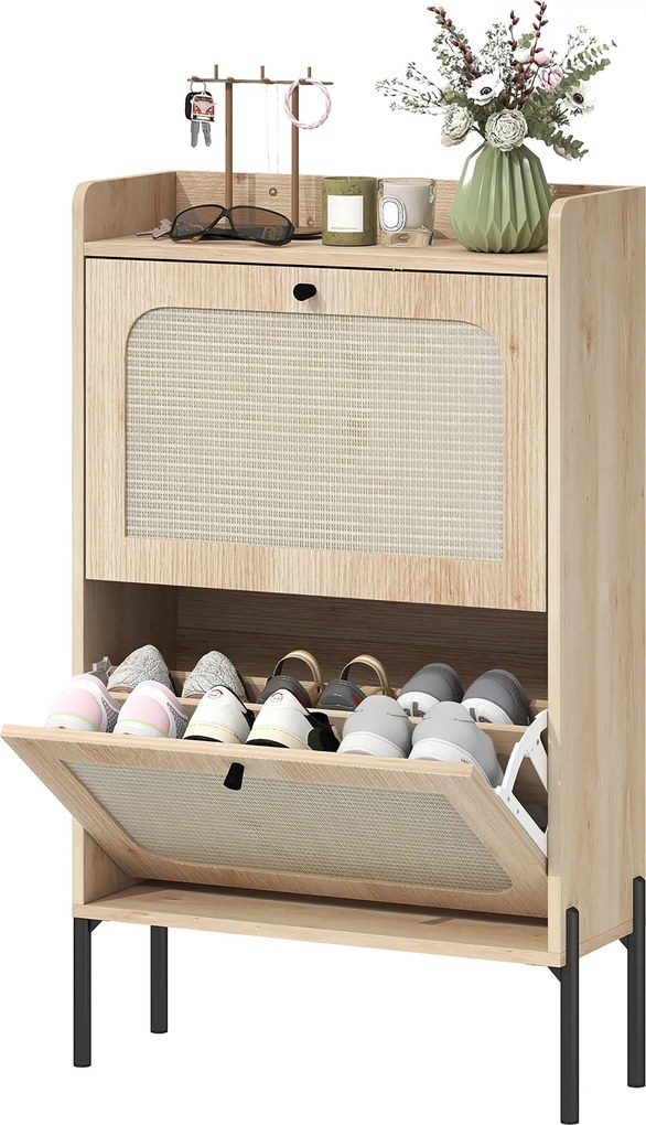HOMCOM Dulap pentru încălțăminte 12 perechi, dulap cu 2 sertare rabatabile, uși din ratan și polițe reglabile, stejar | Aosom Romania