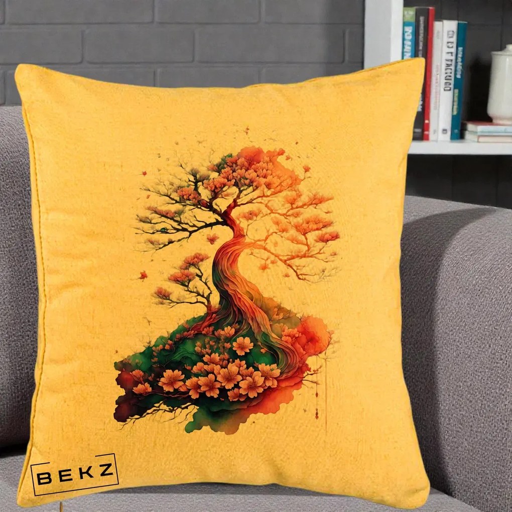 Perna Decorativa Copac Sakura Acuarela Fantasy, 40x40 cm, Galben, Husa Detasabila, Perna Inclusa, BEKZ®