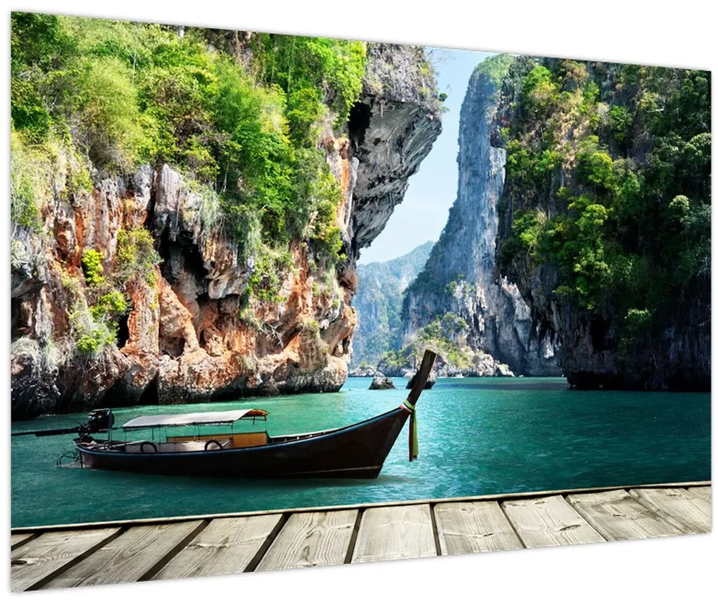 Tablou - Apă peisaj mediteranean cu barca (90x60 cm)