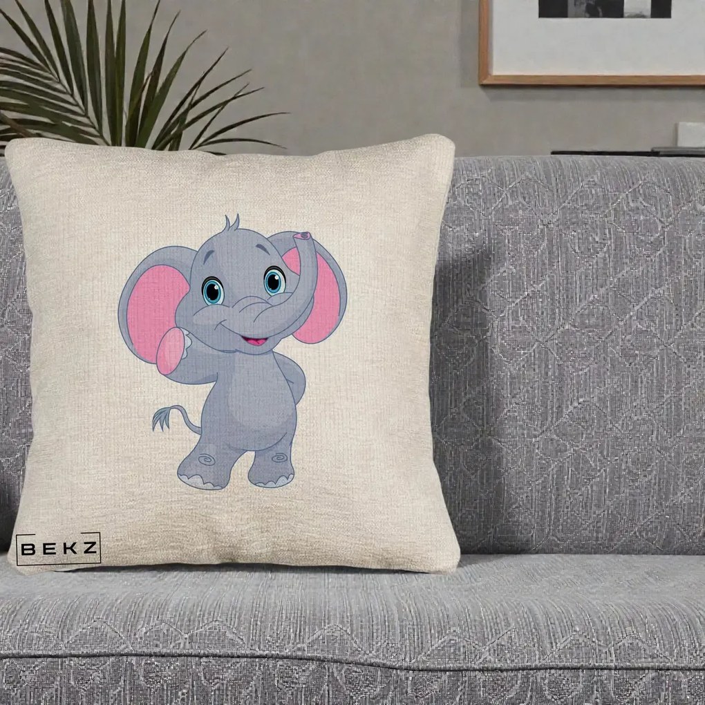 Perna Decorativa Pui de Elefant Kawaii, 40x40 cm, Bej Canapea, Husa Detasabila, Perna Inclusa, BEKZ®